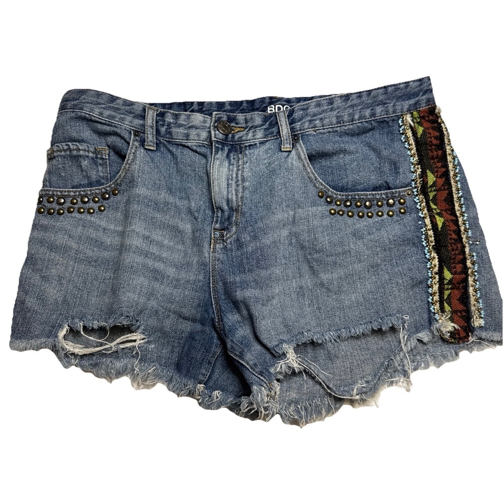 BDG‎ Freja Vintage Fit Mid Rise Studded Beaded Denim Shorts Blue Womens 32w
